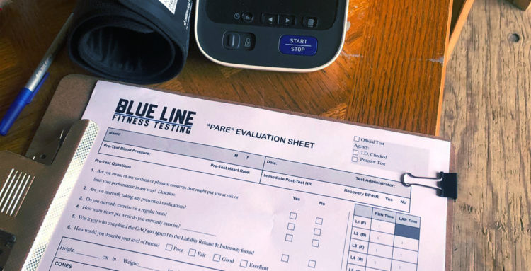 Blue Line fitness testing PARE evaluation sheet with checkboxes for each part of the test 