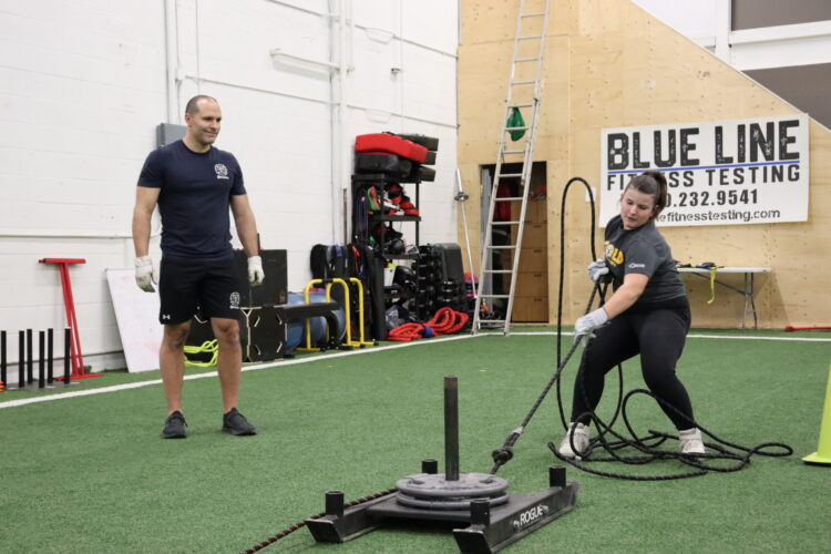 Sled drag at Blue Line Fitness Testing in Edmonton