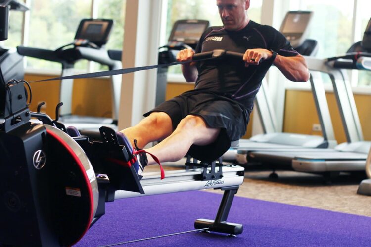 Rowing to prepare for the PARE test at Blue Line Fitness Testing in Edmonton, Alberta